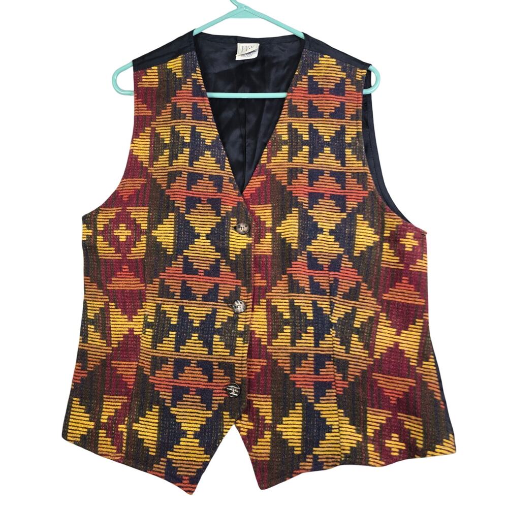 Vintage Wool Blend Suit Vest Aztec Men's Large Red Yellow Southwestern‎ Western